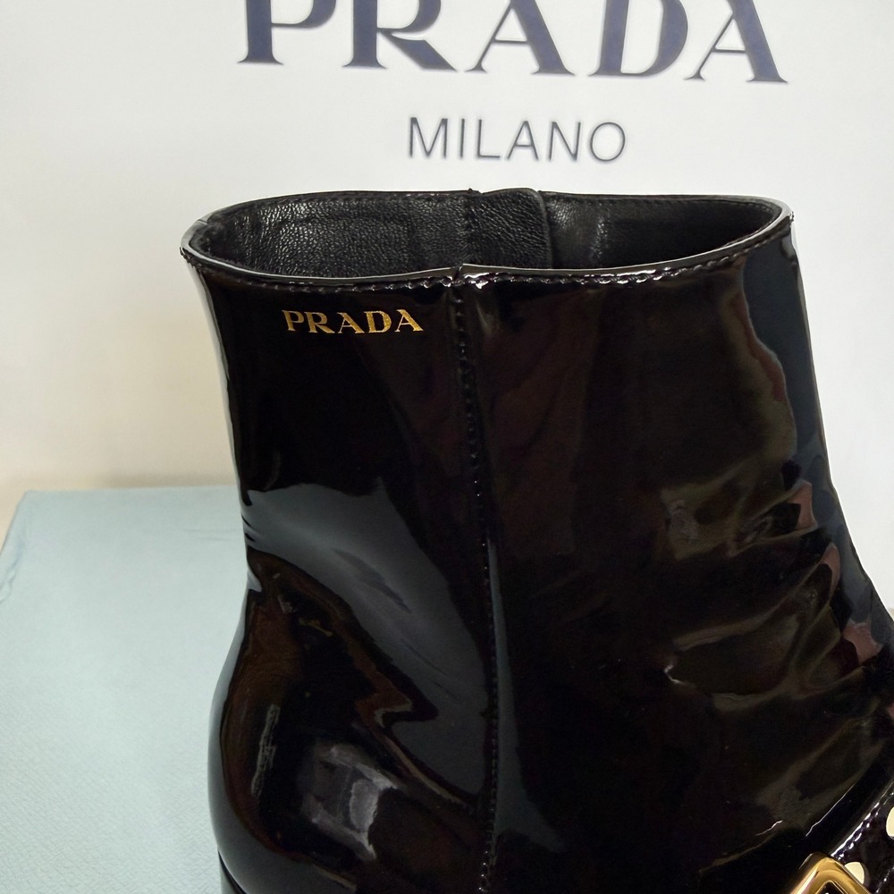 Prada 1T817N Women's Black Patent Leather Beaded Ankle Boot, sz 37.5 - Picture 8 of 16